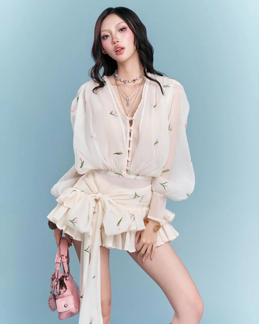 amelia Embroidered floral V-neck ruffle mini dress in apricot