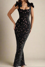 Flowering Girl Women hermosa Bow Strap Embroidered Lace Maxi Dress in black