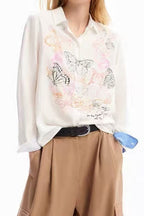 White Butterfly Print Button-Down Shirt with Striped Cuffs