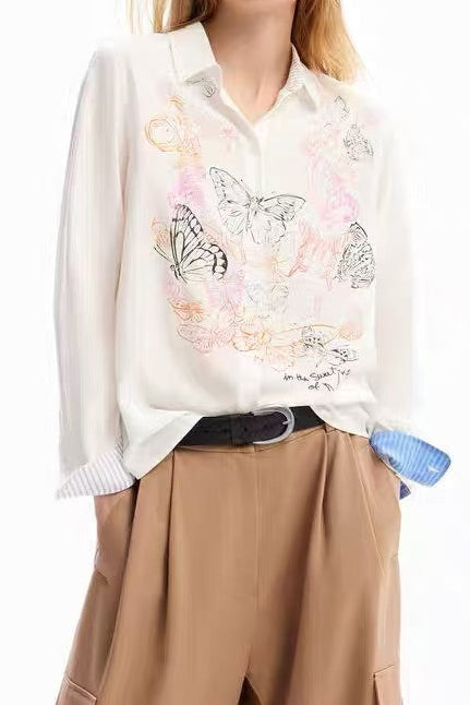 White Butterfly Print Button-Down Shirt with Striped Cuffs