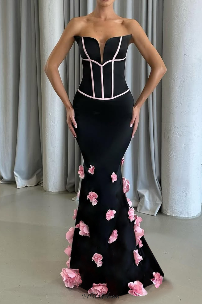 Flowering Girl Women Floral embellished Strapless Maxi Dress in Black