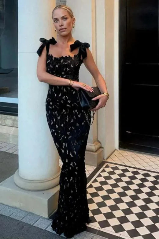 hermosa Bow Strap Embroidered Lace Maxi Dress in black