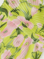 Flowering Girl Women V-Neck Silk Printed Pleated Maxi Dress In Yellow