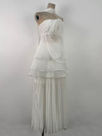 White Strapless Rose Applique Tiered Pleated Maxi Dress
