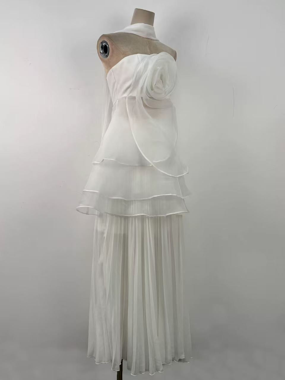 White Strapless Rose Applique Tiered Pleated Maxi Dress