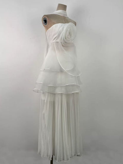 White Strapless Rose Applique Tiered Pleated Maxi Dress