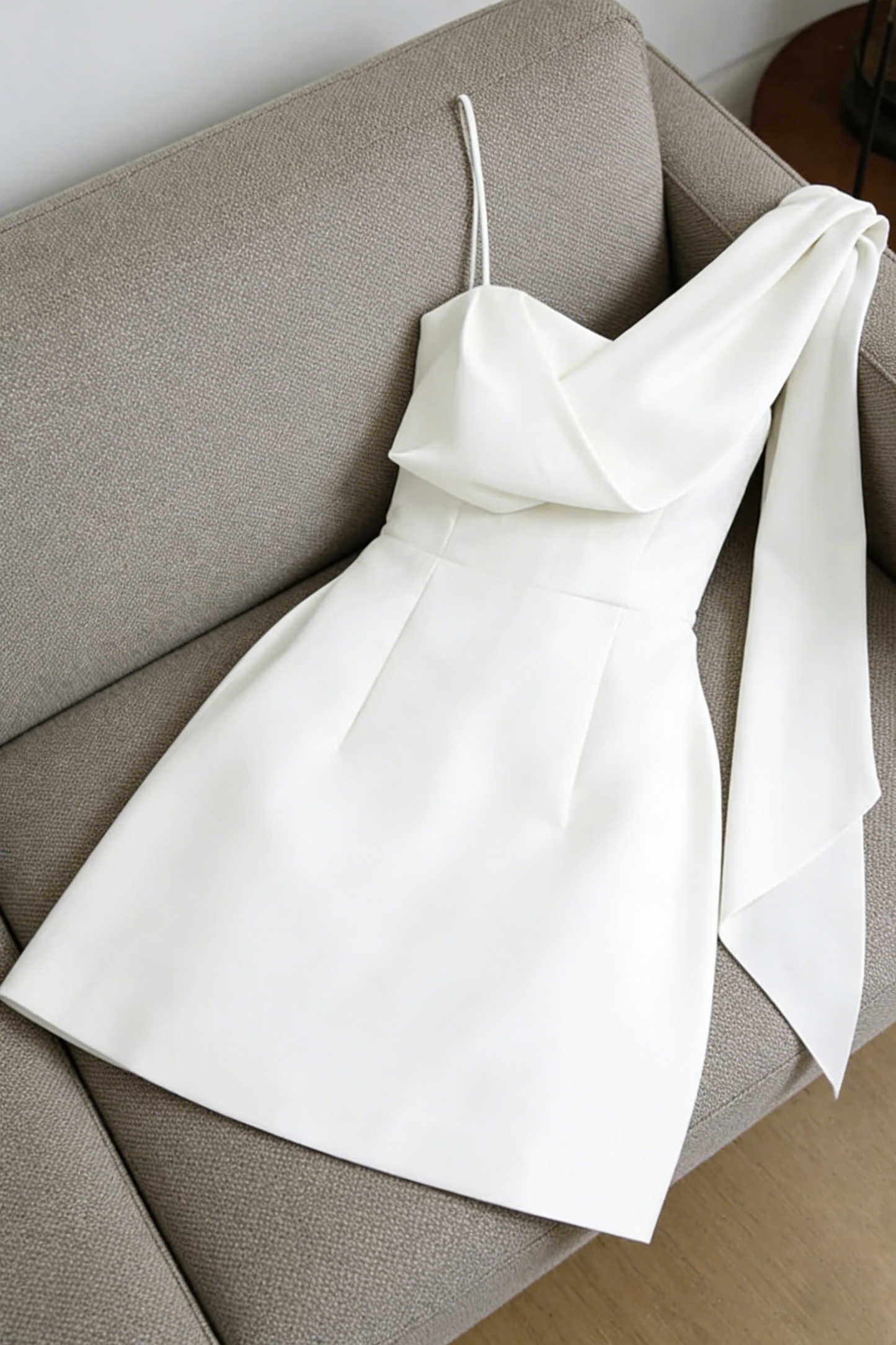 White Asymmetrical One-Shoulder Mini Dress with Sash Tie