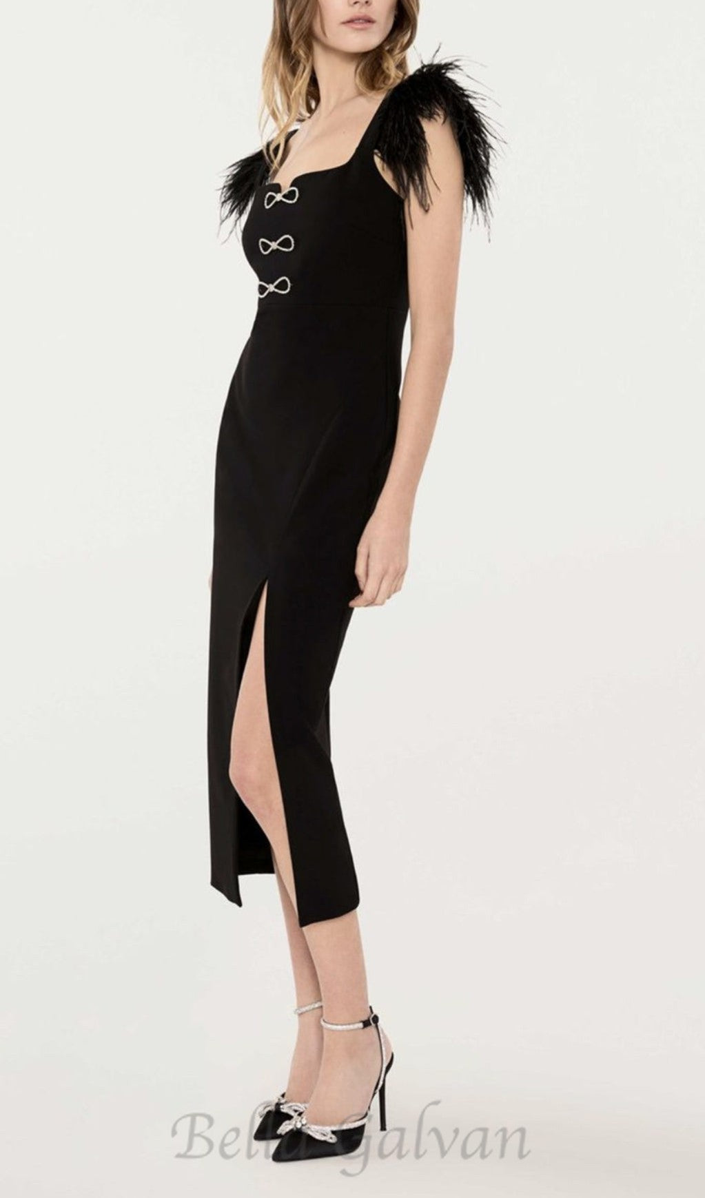Flowering Girl Women CARI BLACK BOW FEATHER BANDAGE MIDI DRESS