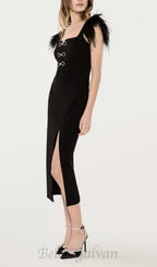Flowering Girl Women CARI BLACK BOW FEATHER BANDAGE MIDI DRESS