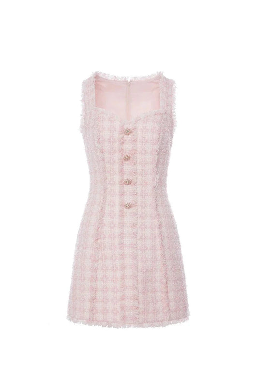 ophelia Pink square neck Tweed Trim mini Dress