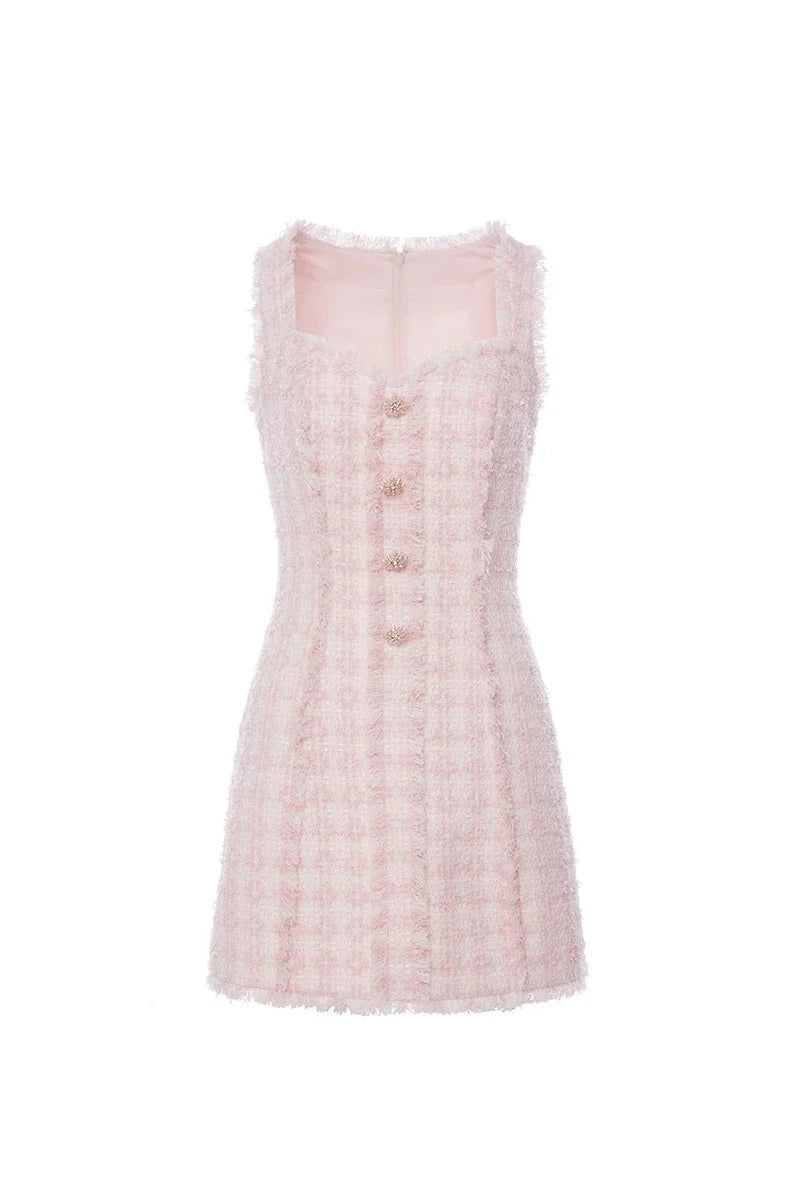 Ophelia Pink Square Neck Tweed Trim Mini Dress