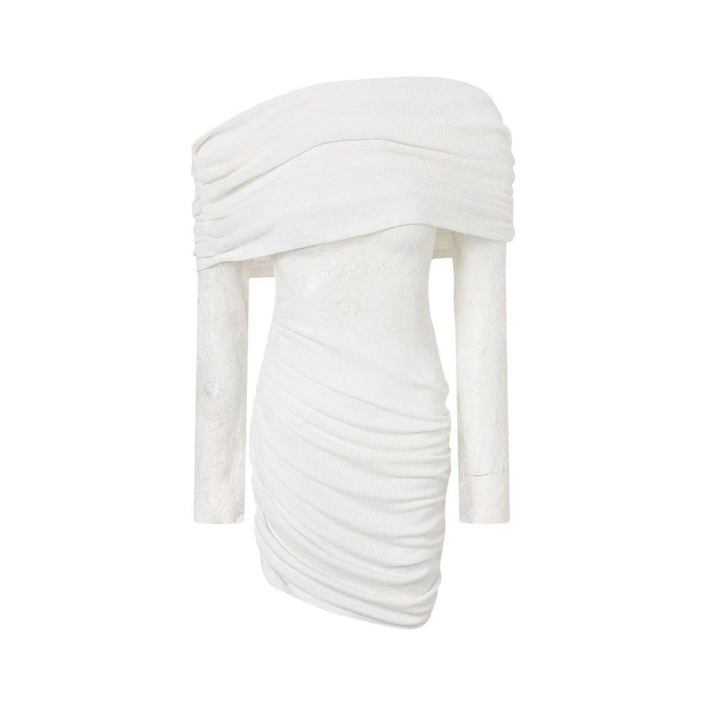 White Lace Strapless Spliced Knitted Mini Dress