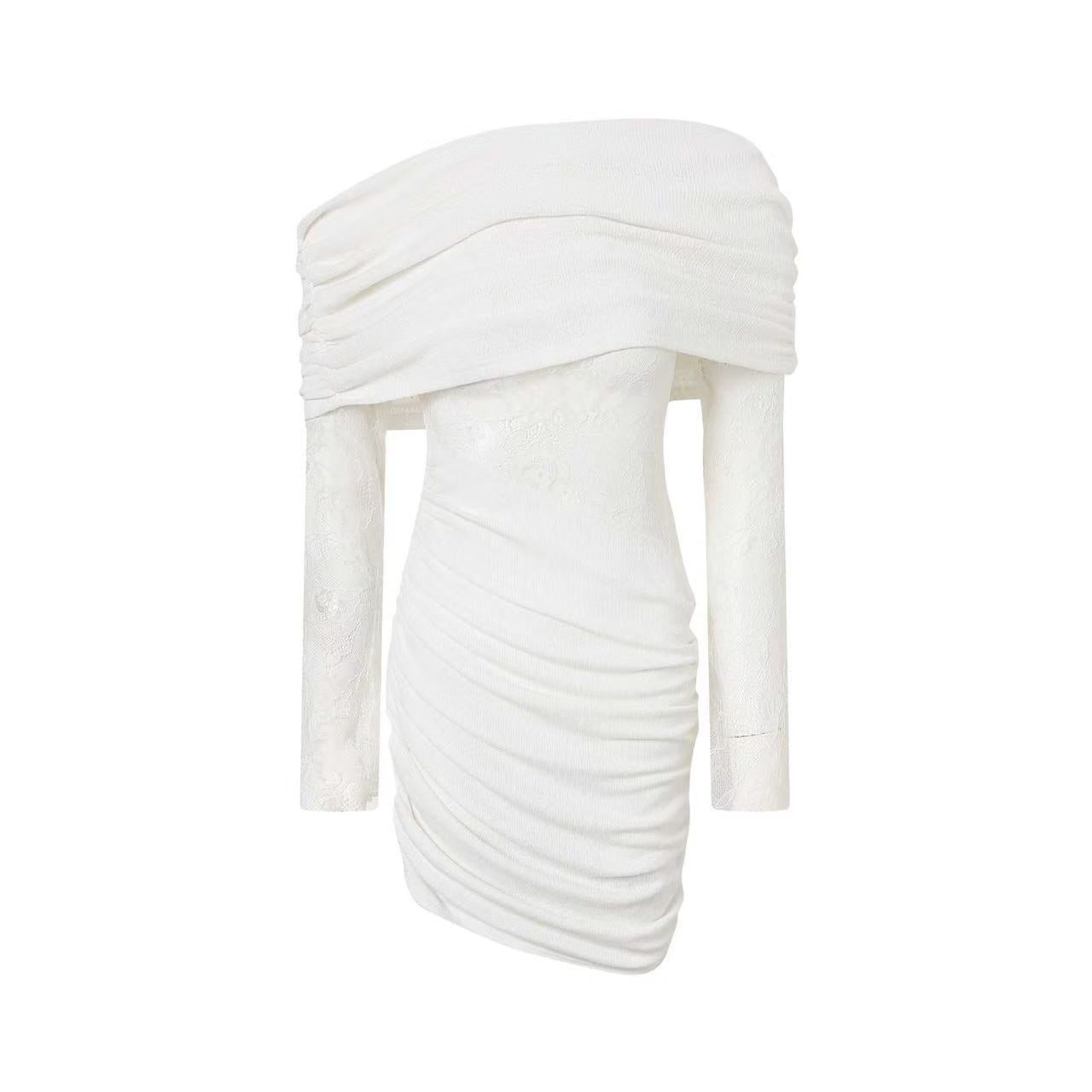 White Lace Strapless Spliced Knitted Mini Dress