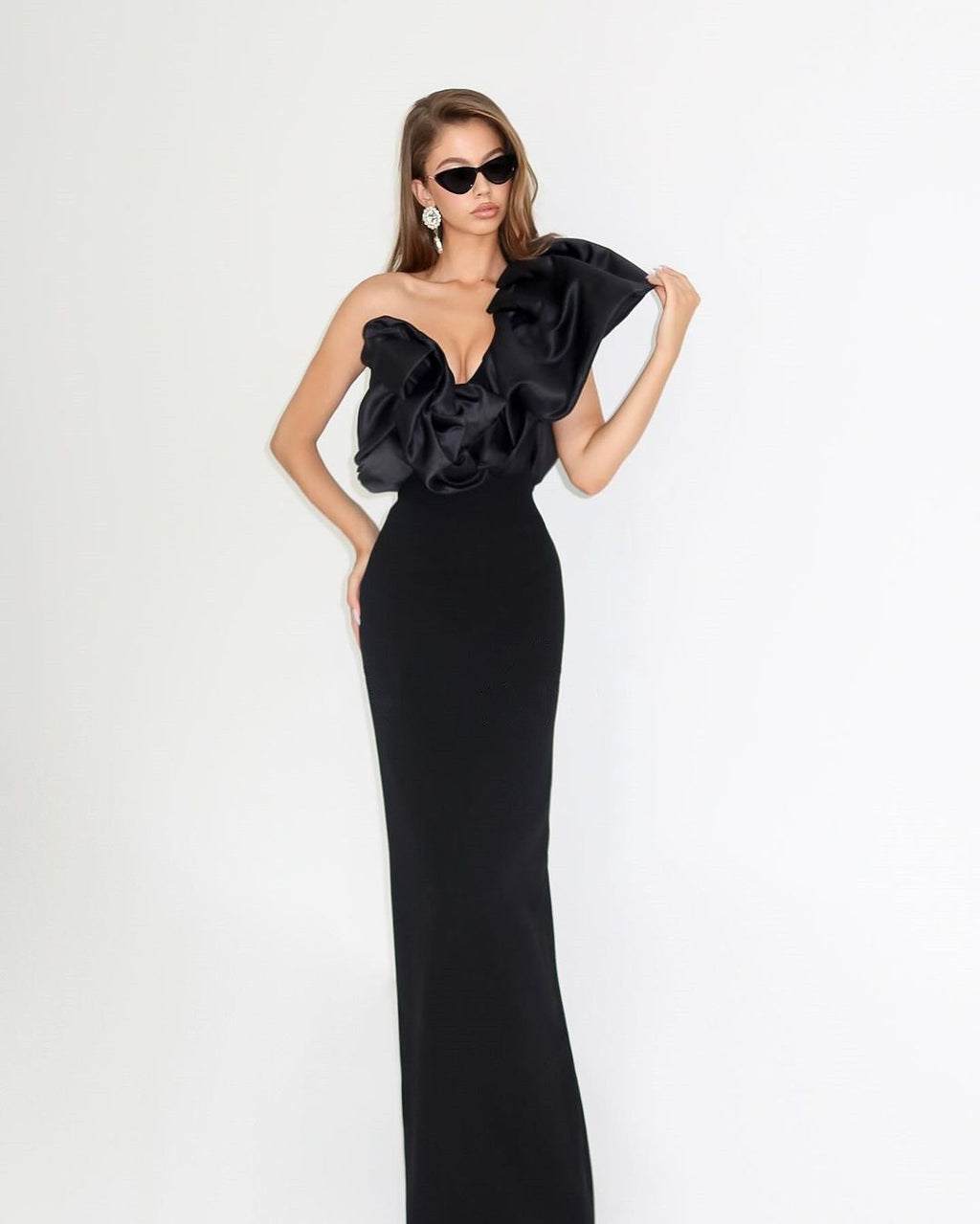 Flowering Girl Women One Shoulder Puff Sleeve maxi Dress in black