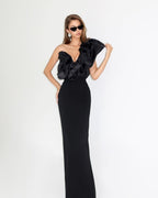 Flowering Girl Women One Shoulder Puff Sleeve maxi Dress in black