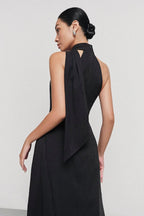 Flowering Girl Women Yen Layered High Neck Floss Silk maxi Dress in black