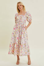 Flowering Girl Women Pleated Bodice Floral Midi Dress