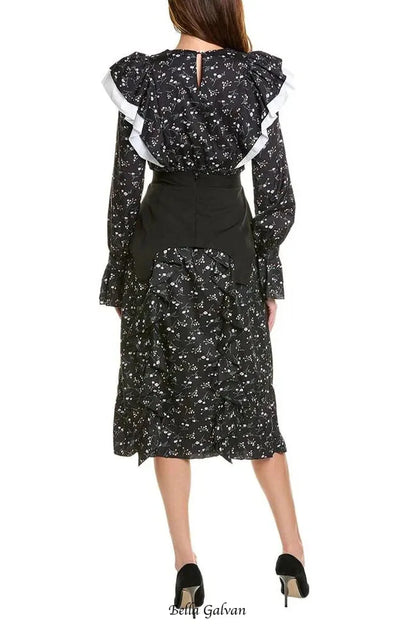 sebastiane floral print Ruffle Trim Midi Dress in black