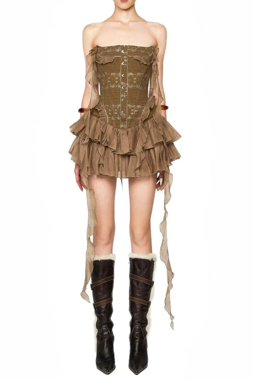 Flowering Girl Women althea ruffle trim fish bones mini dress in brown