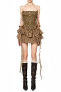 Althea Ruffle Trim Fish Bones Mini Dress In Brown
