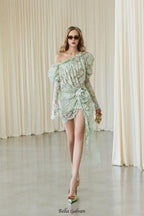 joanna 3d flower Lace hollow Asymmetrical mini Dress in green