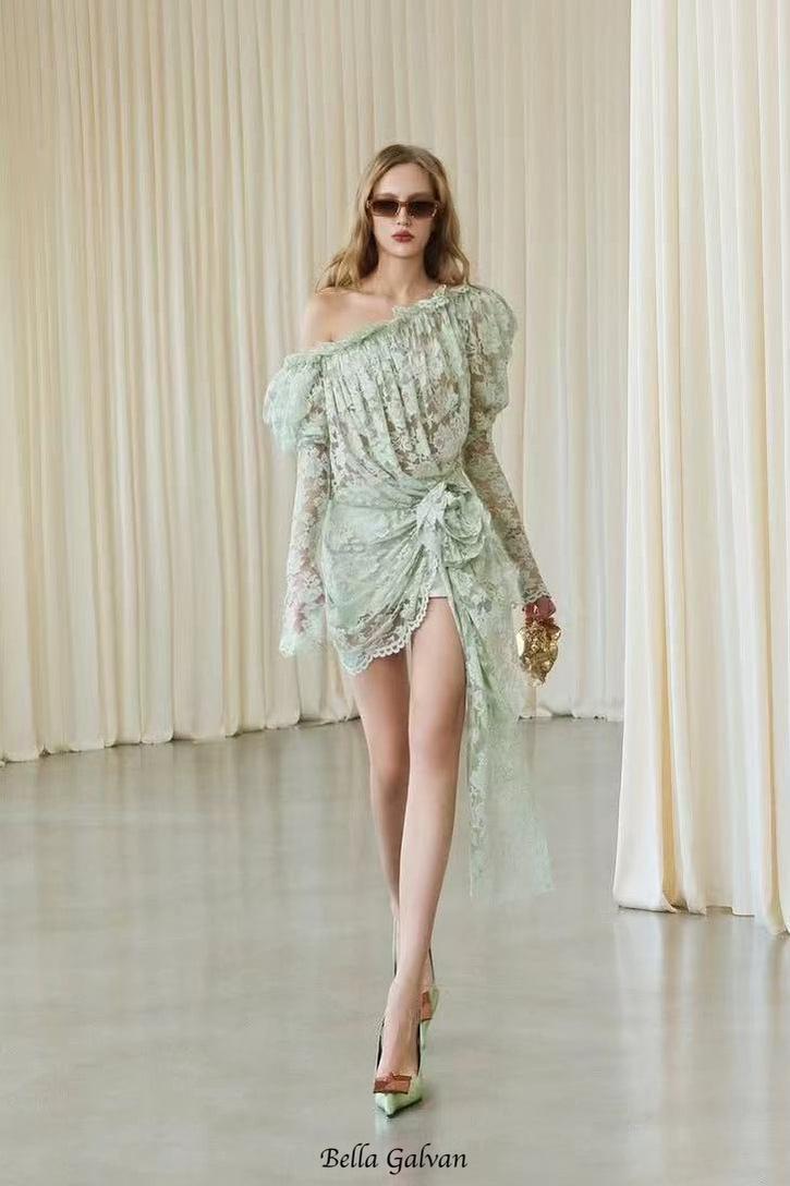 joanna 3d flower Lace hollow Asymmetrical mini Dress in green
