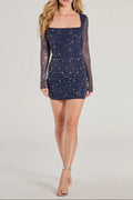 Flowering Girl Women Amanda Navy Long Sleeve Rhinestone Mesh Mini Dress