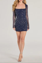 Flowering Girl Women Amanda Navy Long Sleeve Rhinestone Mesh Mini Dress