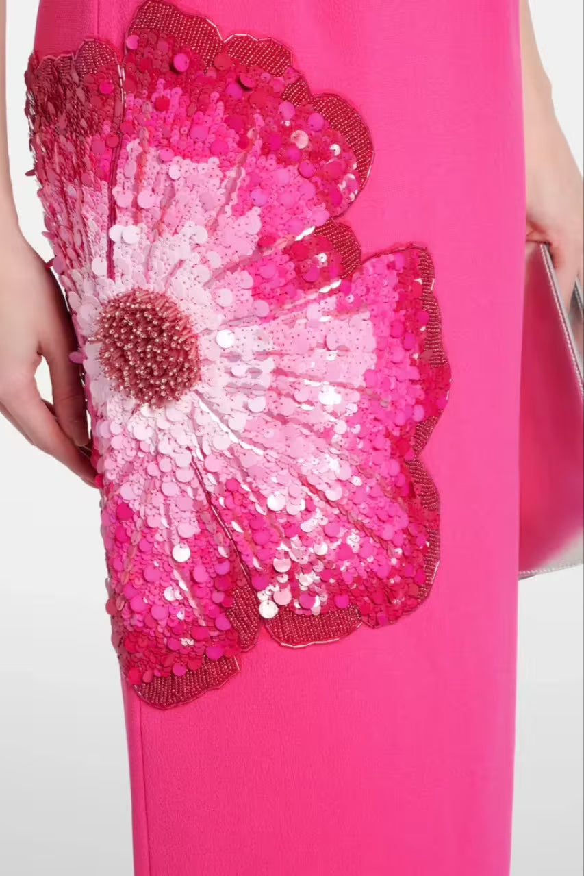 Flowering Girl Women Sequin Flower Embellished Puff Sleeve Midi Dress In Pink