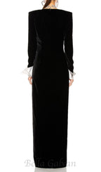 Flowering Girl Women CROWN BLACK LONG SLEEVE V-NECK MAXI DRESS