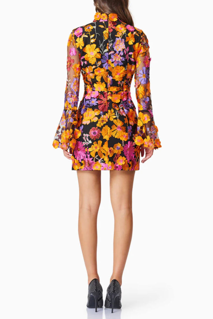 Flowering Girl Women Multi Orange Flower Embroidered Long Sleeves Mini Dress
