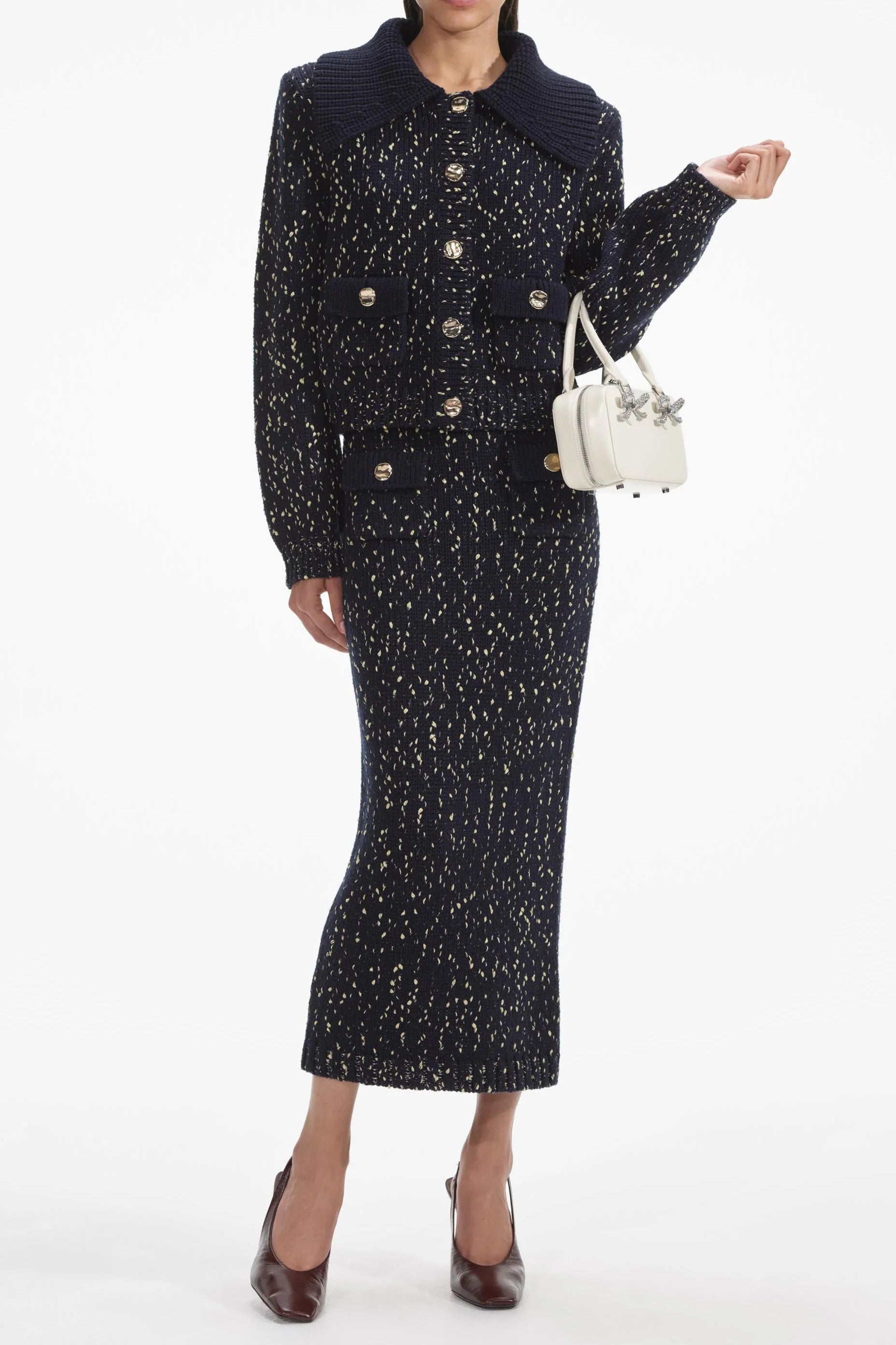 Flowering Girl Women Claudine navy crochet-knit jacket & skirt matching set
