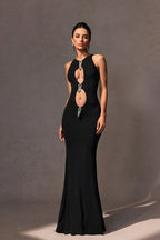 Flowering Girl Women Crystal Embellished Cutout Maxi Dress in black