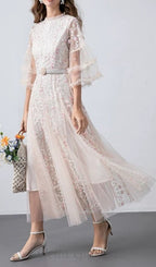 Flowering Girl Women flower mesh midi dress in apricot