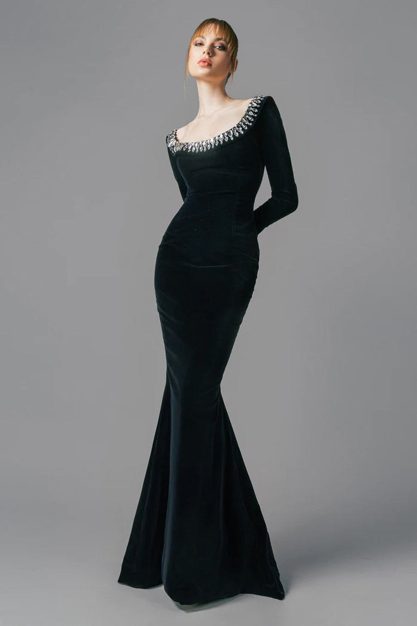 Flowering Girl Women black crepe gown with crystal neckline