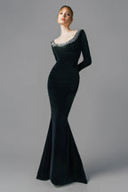 Flowering Girl Women black crepe gown with crystal neckline