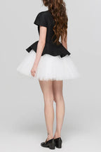Flowering Girl Women Two-Tone Velvet Ruffle Hem Puffy Mini Dress