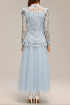 yvette blue Long Sleeve Folds Lace Butterfly Top And Skirt Two-Piece Set