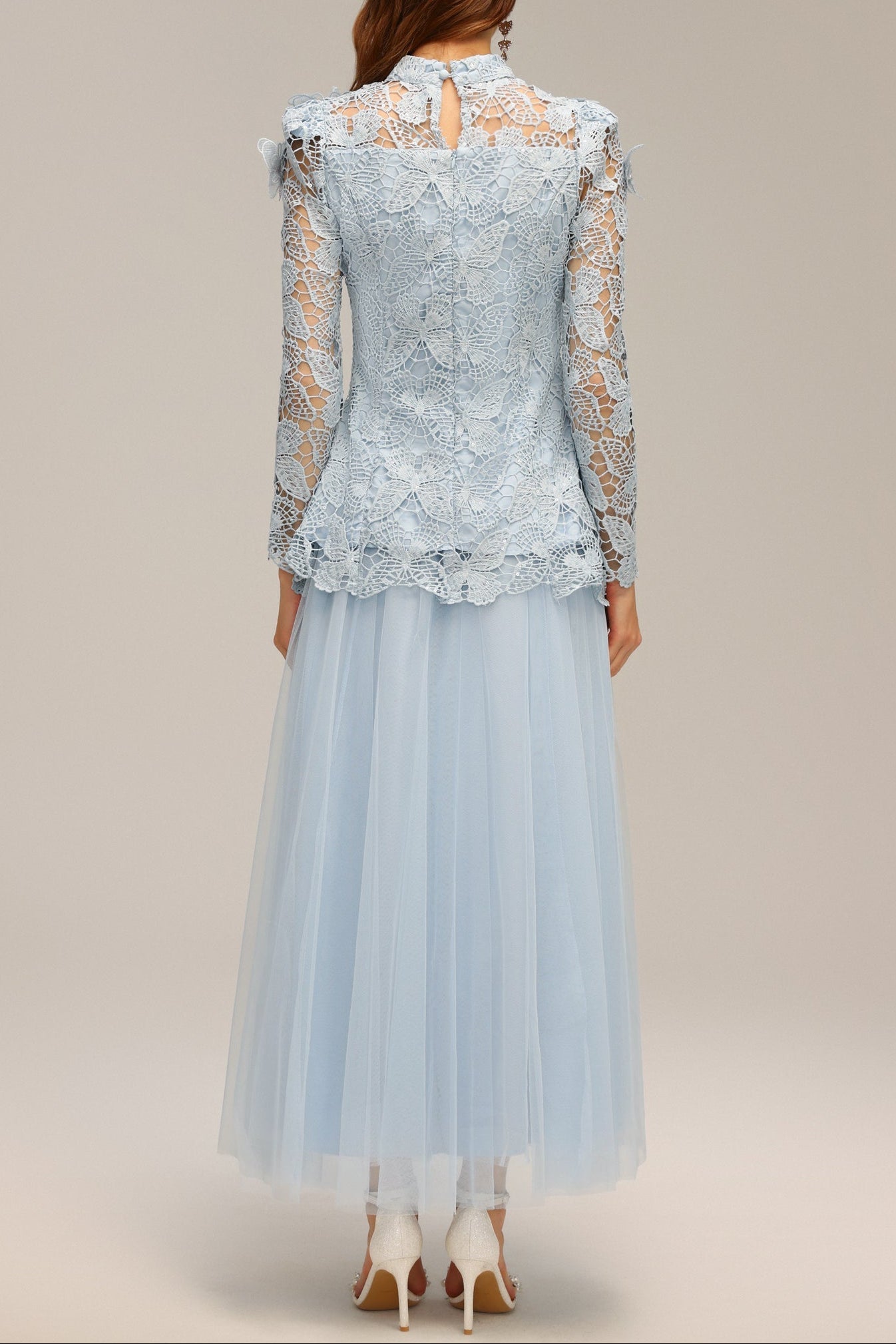 Yvette Blue Long Sleeve Folds Lace Butterfly Top And Skirt Two-Piece Set