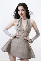 V-neck open back polka puffy mini dress in gray