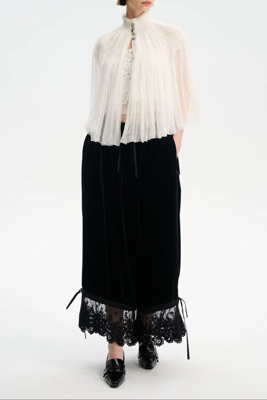 White Lace Cami Top + Sheer Chiffon Capelet Set