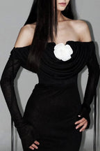 lila flower embellished pleated strapless maxi dress in black