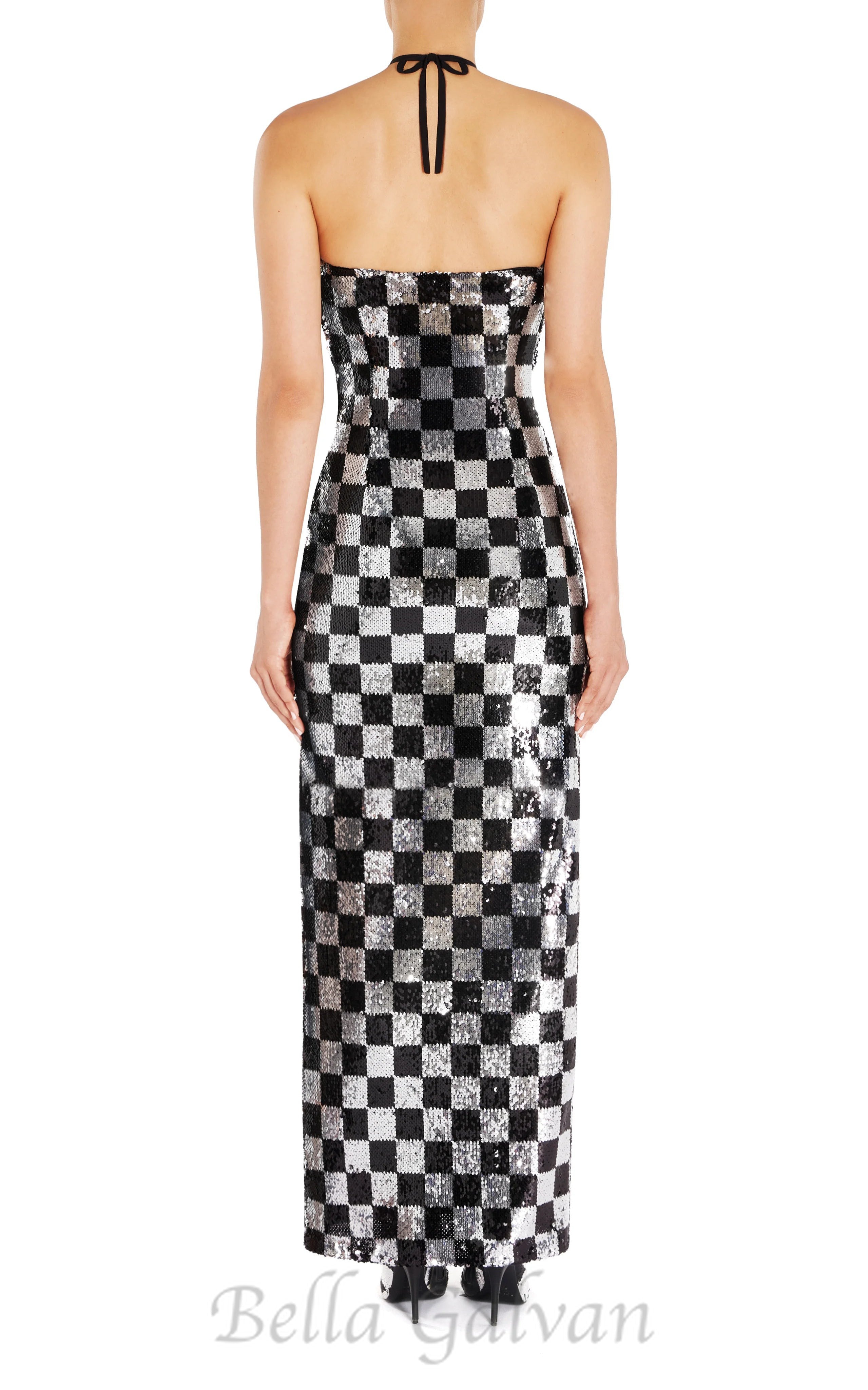 Flowering Girl Women checkerboard sequin halter gown with flower