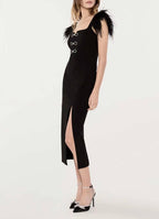 Flowering Girl Women Feather Trim Bandage Midi Dress