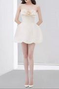 Cream Strapless Mini Dress with 3D Floral Bow & Scalloped Hem