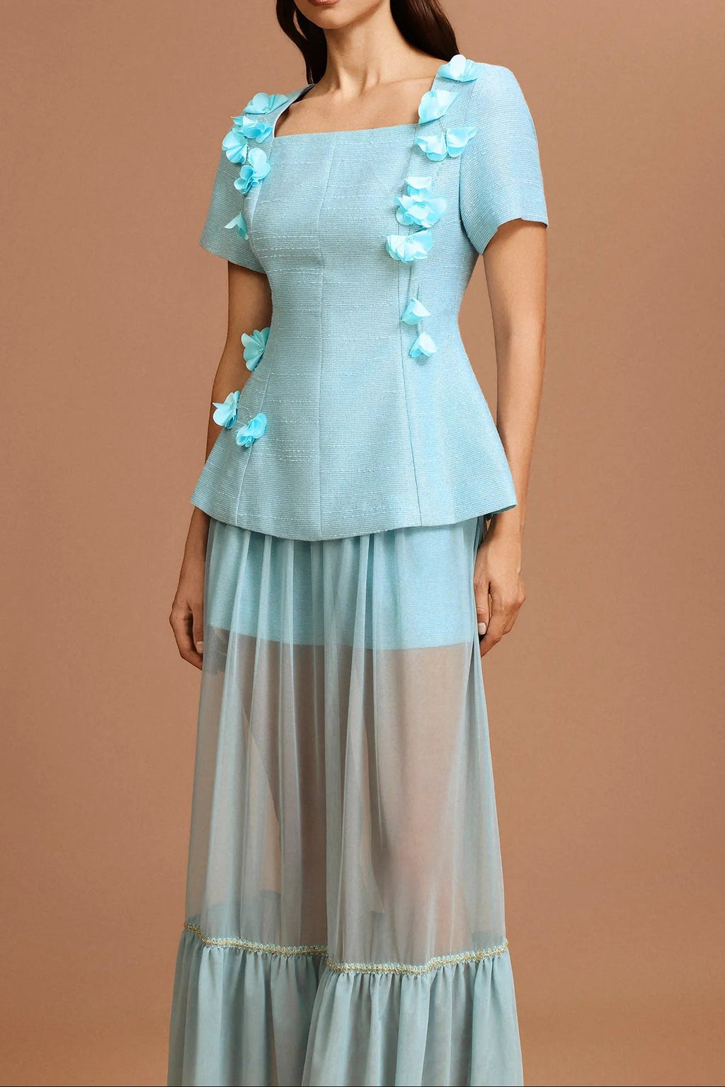 Flowering Girl Women Ursula Blue Short Sleeves Flowers Folds Top And Skirt Two-Piece Set