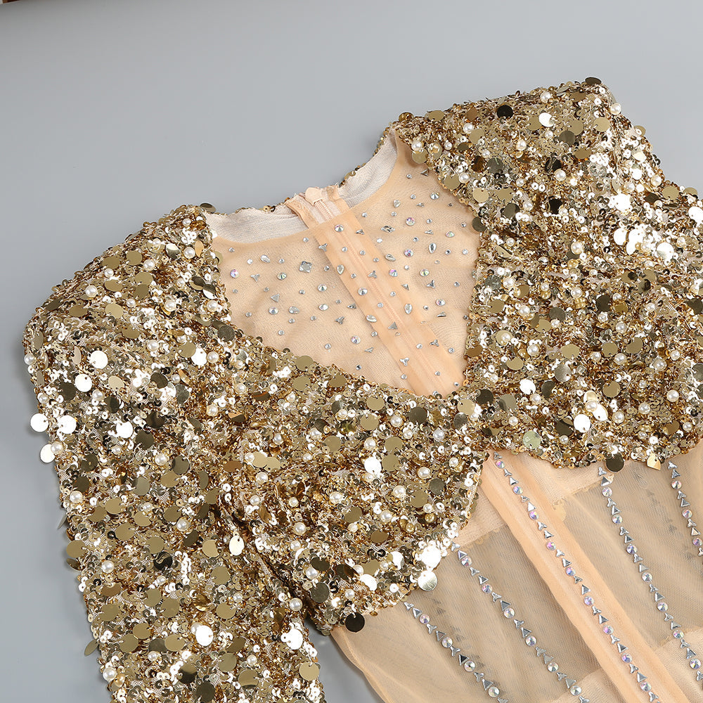 Flowering Girl Women sequin long sleeve maxi dress in gold
