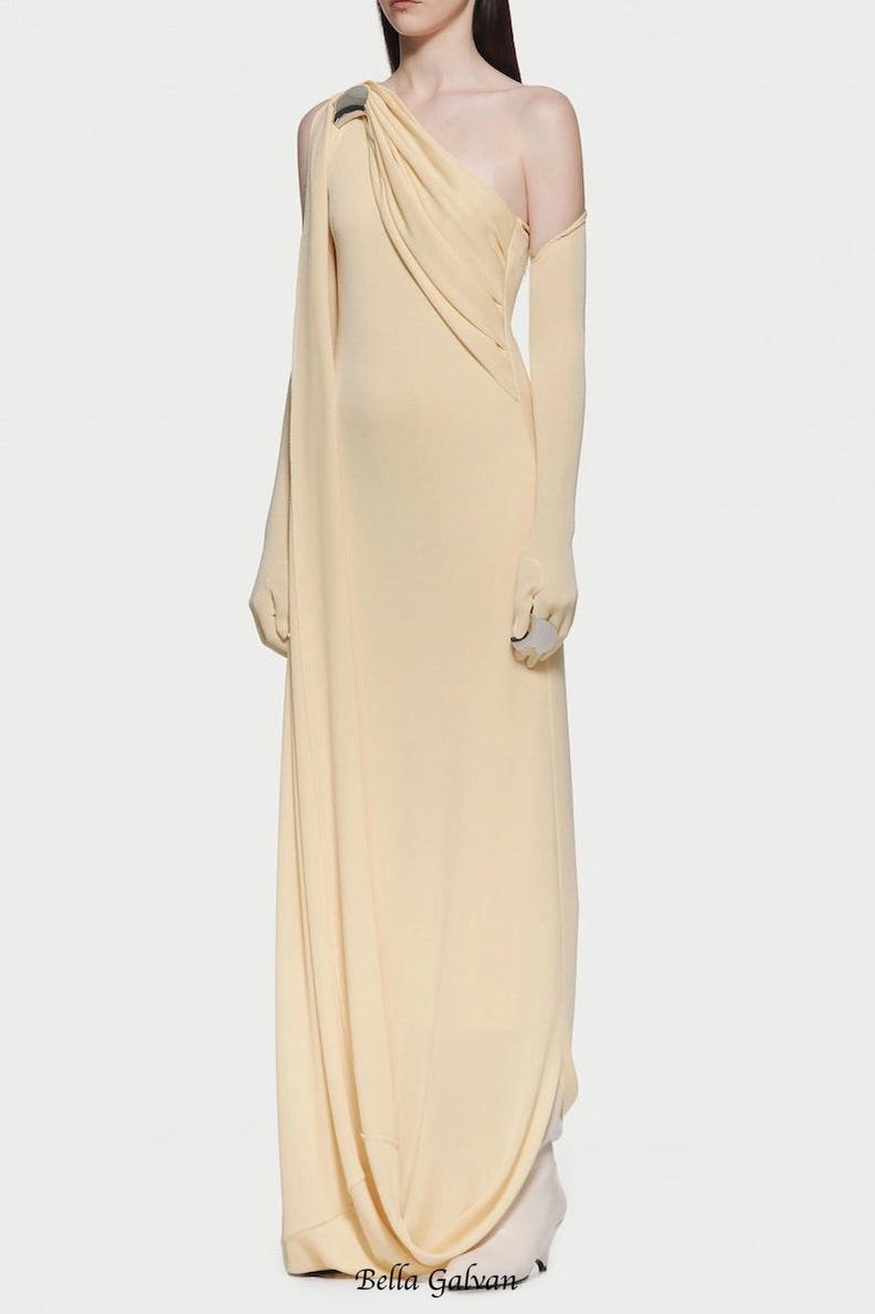 xaviera one-shoulder pleated backless maxi dress in yellow