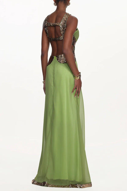 virginia green Halter Pleated Cut Out Sequin Maxi Dress