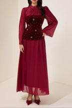Flowering Girl Women caroline Rhinestone Velvet Splicing Maxi Dress - burgundy